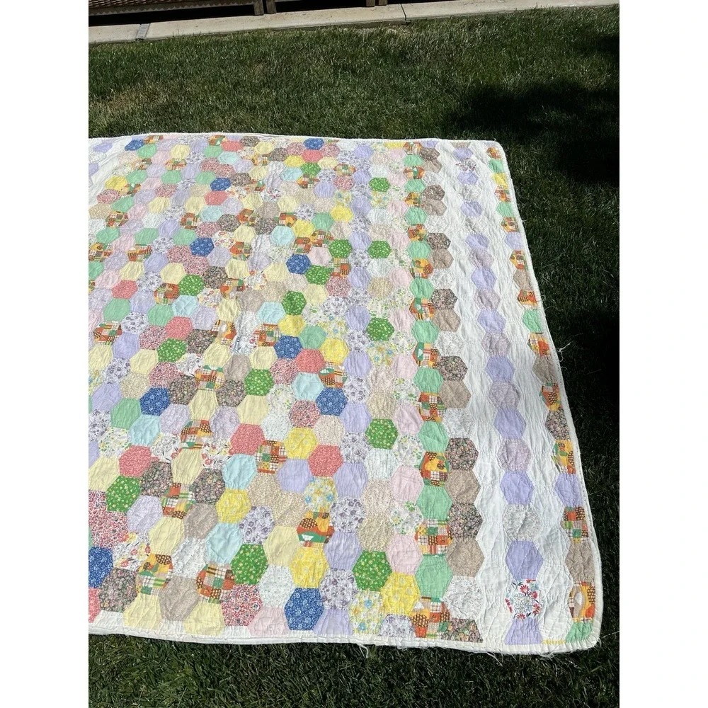 Vintage Hexagon Grandmother's Flower Garden Quilt Hand Made 79